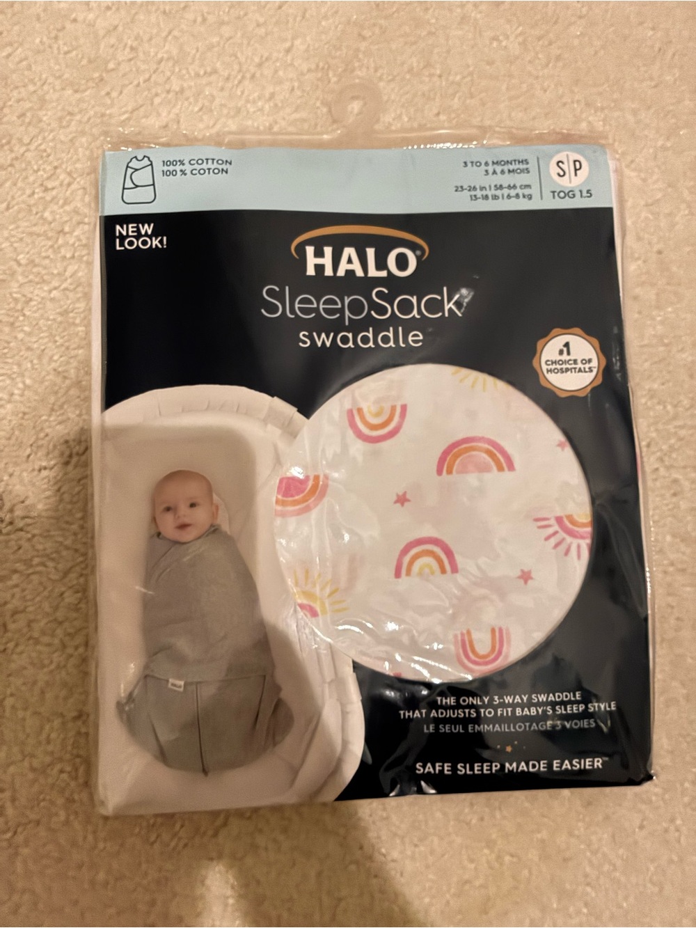 NWT HALO SleepSack Swaddle Baby Wearable Blanket - White with Rainbow Print